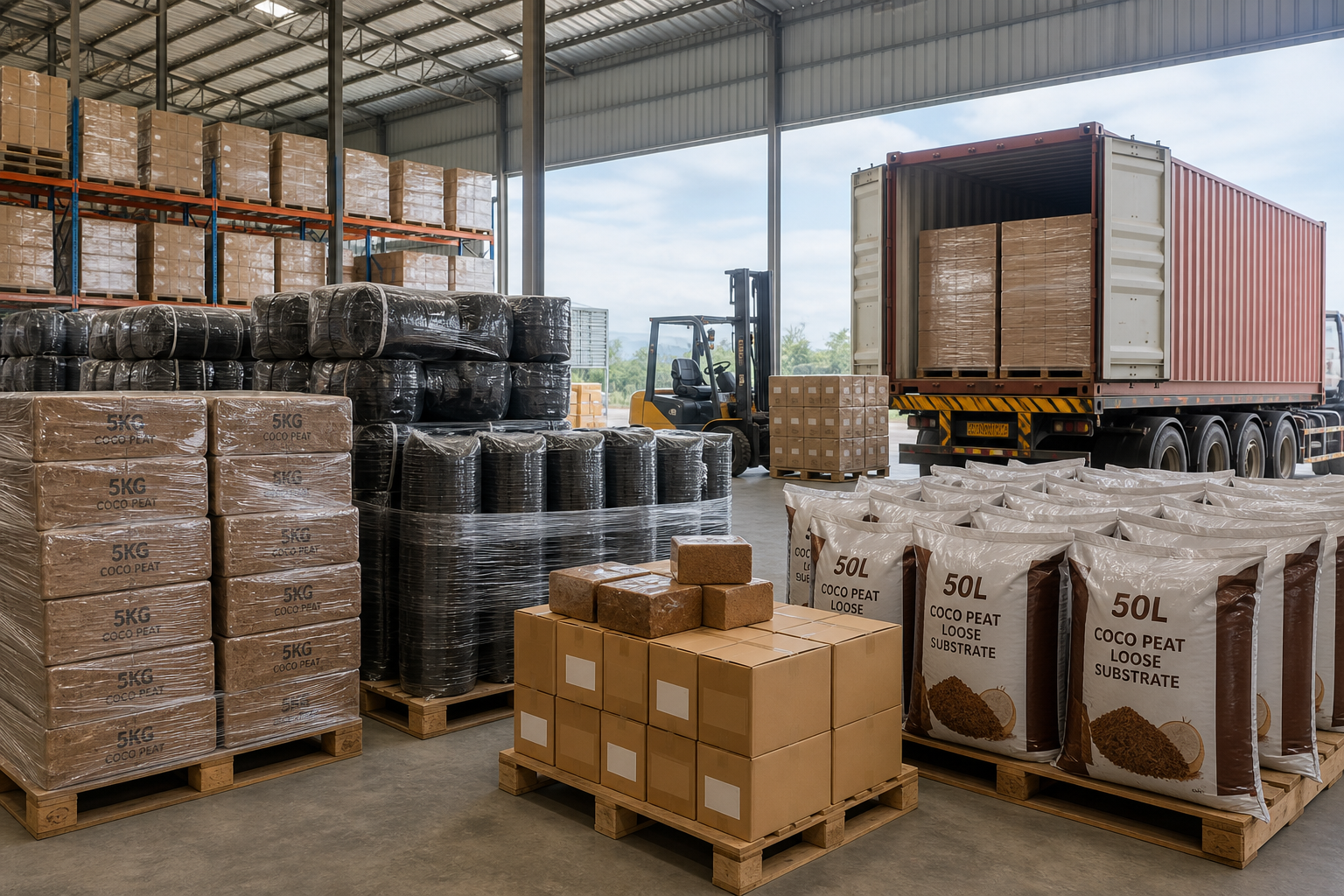 Palletized coco coir substrate products staged for export loading