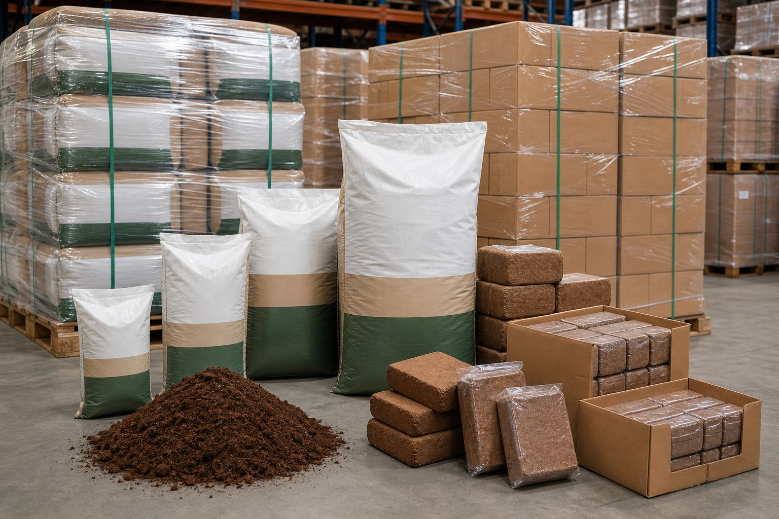 50L coco peat bags and 650g coir bricks prepared for export packing